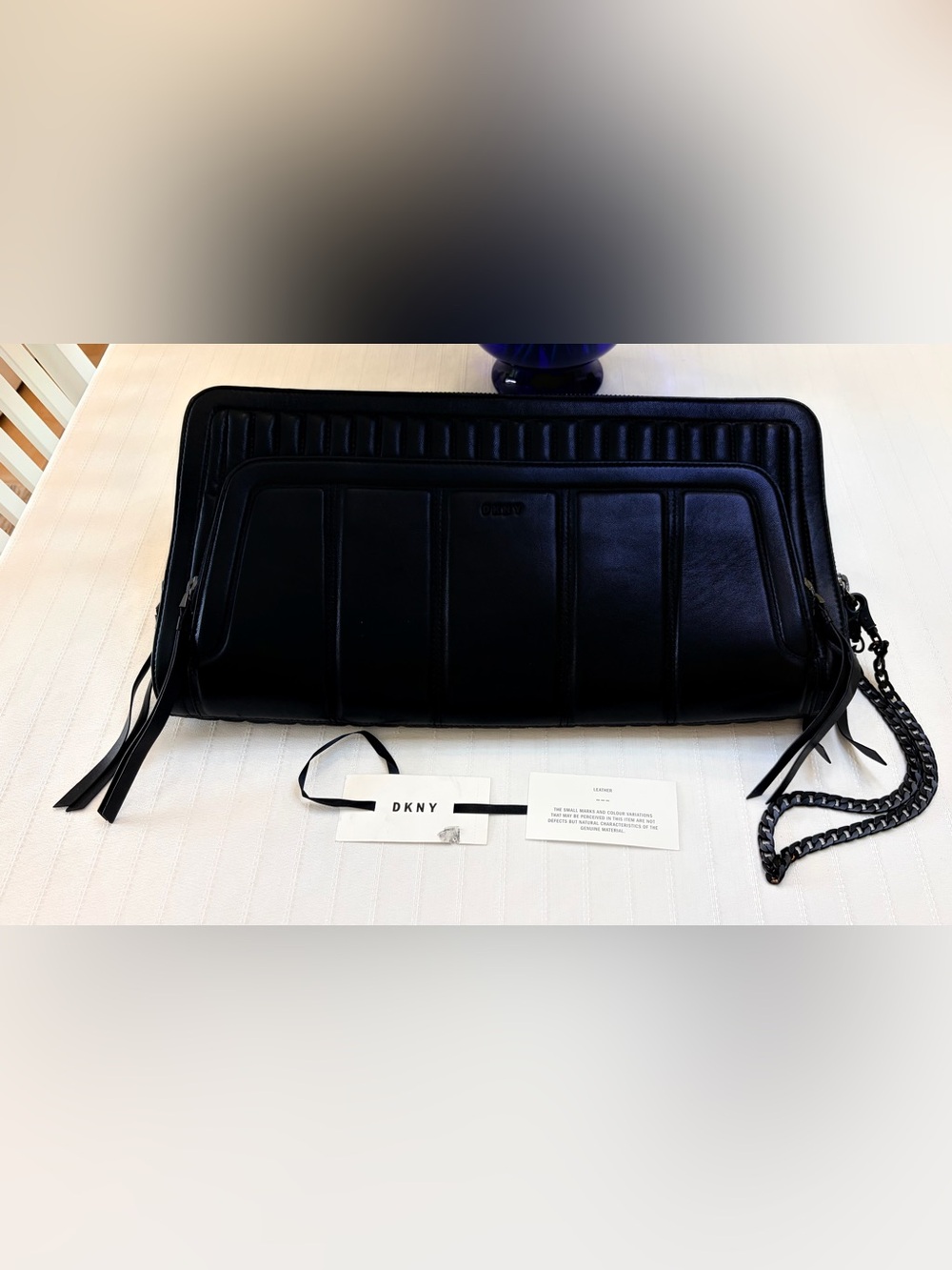 DKNY Black Leather Quilted Zip Wristlet Clutch with Chain Strap 100% LAMB LEATHE